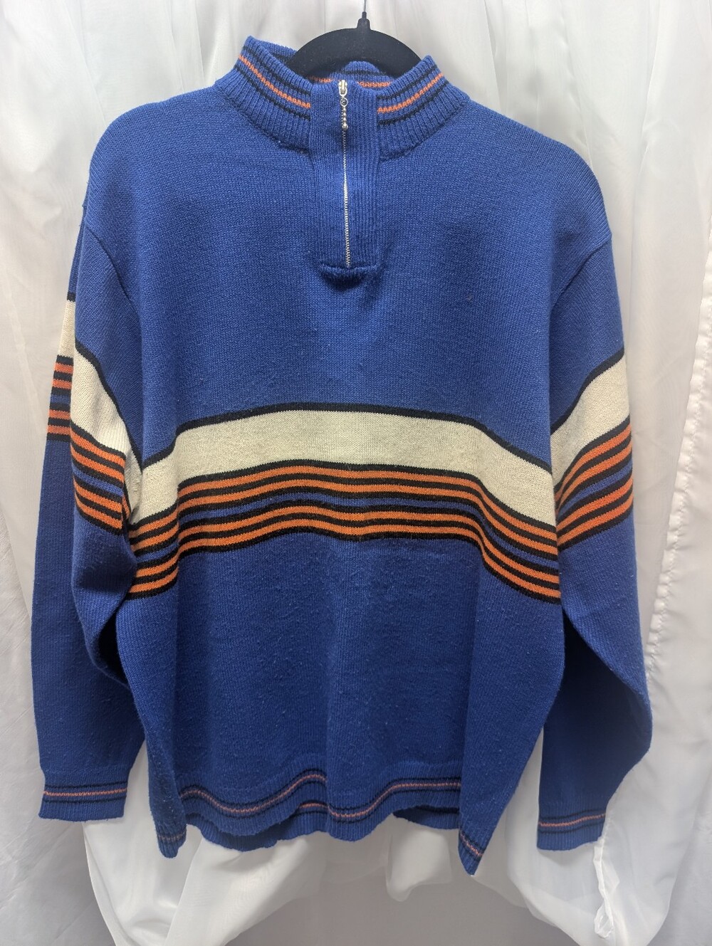 Laundromat Vintage Blue, Orange, And White Quarter-Zip Striped Men’s Sweater